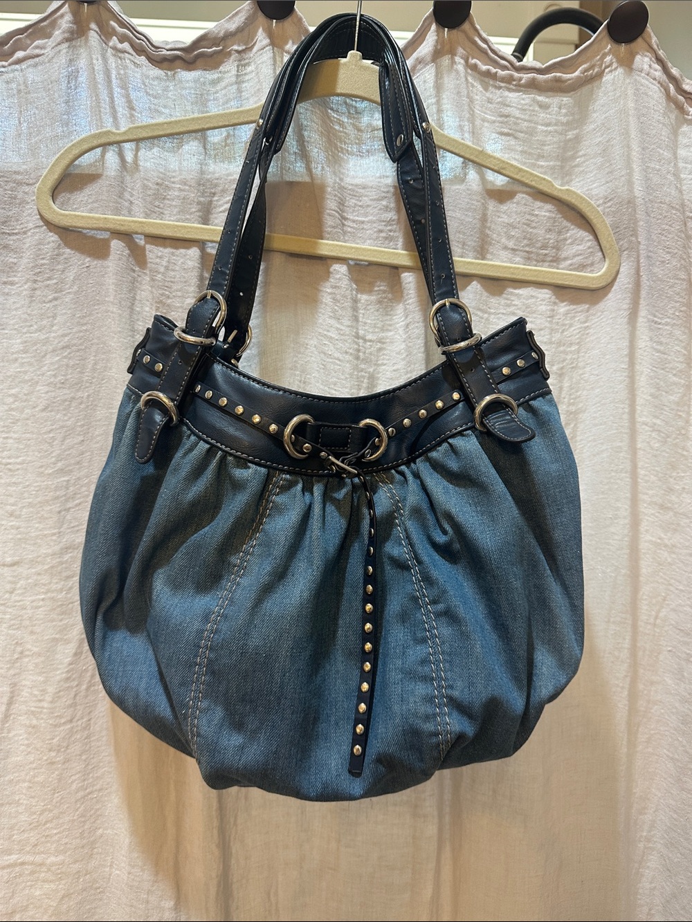 2000’s Nine West Blue Denim Shoulder Bag with Black Trim and Gold Studs.